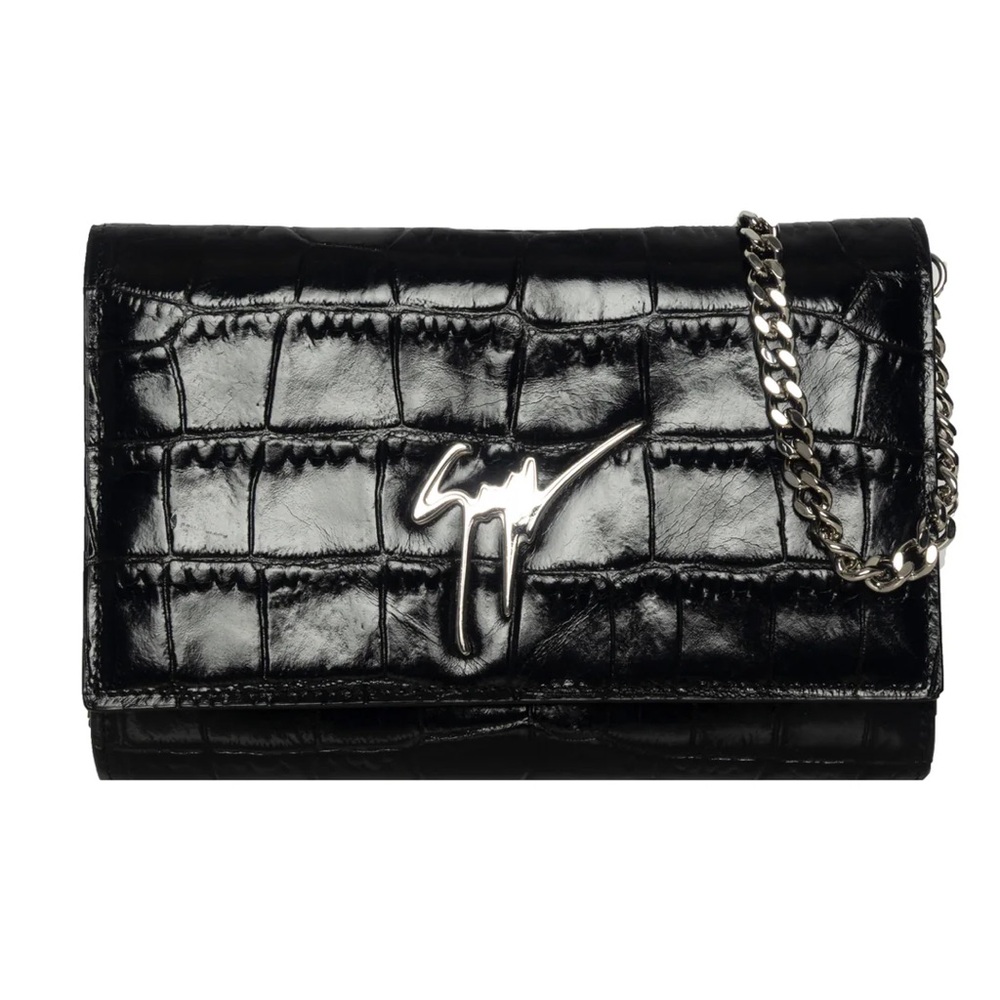 Giuseppe Zanotti Black Croc-Embossed cross body with Silver Chain